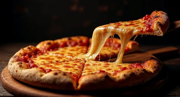 mejores pizzerías - una de las mejores pizzerías en México, muestra un pizza recién horneada a la que se le esta sacando una rebanada, mostrando como el que esta perfectamente gratinado