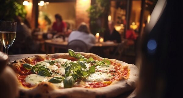 en una de los mejores restaurantes italianos, una pizza en primer plano, con personas sentadas en una mesa, en un ambiente acogedor
