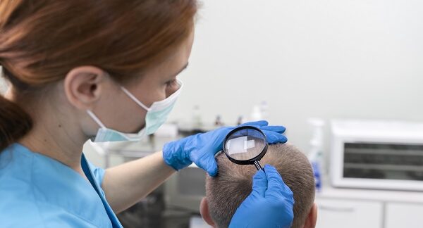 una de las mejores tricólogos, le revisa el cabello a paciente masculino