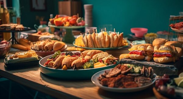 en uno de los mejores restaurantes con bufé libre, diversos alimentos están dispuestos en una mesa listos para su consumo