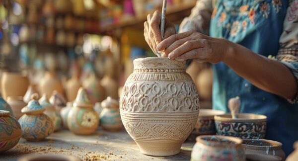 uno de los lugares para comprar artesanía, una artesana hace un jarrón decorativo