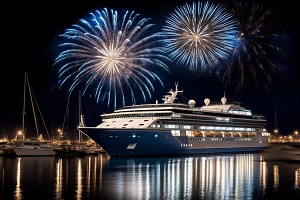 un crucero en el mar en una escena de fuegos artificiales de año nuevo