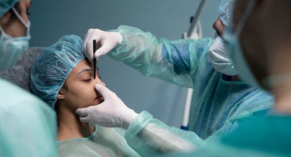 mejores clínicas de rinoplastia - un doctor marca la zona del tabique a mujer, en quirófano, junto a sus dos asistentes médicos