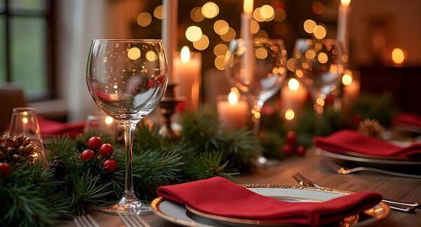 lugares para cenar en Navidad - un mesa de un restaurante con decoración navideña