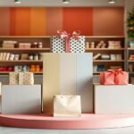 mejores tiendas de regalos - una exhibición de cajas de regalo decoradas en varios estilos y colores, dispuestas sobre plataformas escalonadas