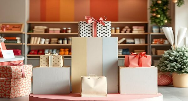 mejores tiendas de regalos - una exhibición de cajas de regalo decoradas en varios estilos y colores, dispuestas sobre plataformas escalonadas