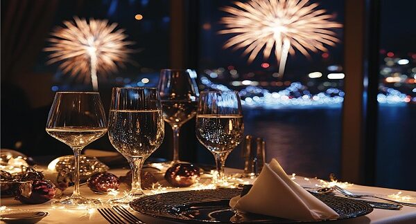restaurantes para año nuevo - Una mesa de restaurante con decoración de Año Nuevo con vistas a los fuegos artificiales