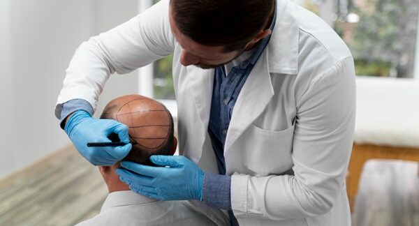 Cirujanos en trasplante capilar - Médico especialista en trasplante capilar realizando el diseño del injerto de cabello CDMX a un hombre con alopecia avanzada