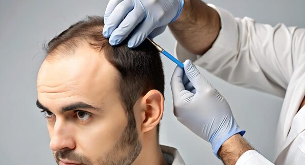 Injerto cabello precio - Médico tricólogo realizando un injerto de cabello CDMX a un hombre con alopecia en las entradas