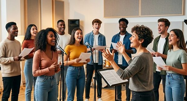 Escuelas de canto - Instructora de una de las mejores escuelas de canto en CDMX dando clases de música a un grupo de estudiantes