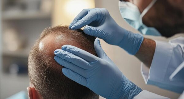 Trasplante capilar - Médico tricólogo evaluando el cuero cabelludo de un hombre con alopecia para realizar un injerto de cabello CDMX