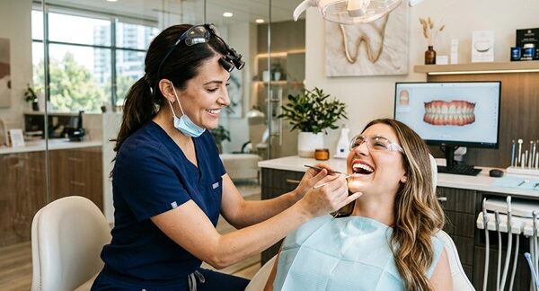 Dentistas estéticos - Dentista estético realizando un tratamiento a una mujer en la mejor clínica estética dental de México