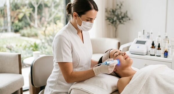 Procedimientos estéticos - Mujer realizándose un procedimiento de medicina estética para rejuvenecer el rostro