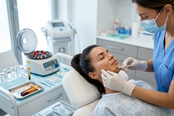 Médico estético aplicando un tratamiento de plasma rico en plaquetas para estimular la regeneración del colágeno en el rostro de una mujer