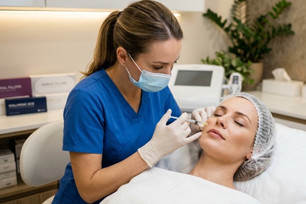 Procedimientos estéticos - Esteticista realizando un tratamiento de relleno con ácido hialurónico en el rostro de una paciente