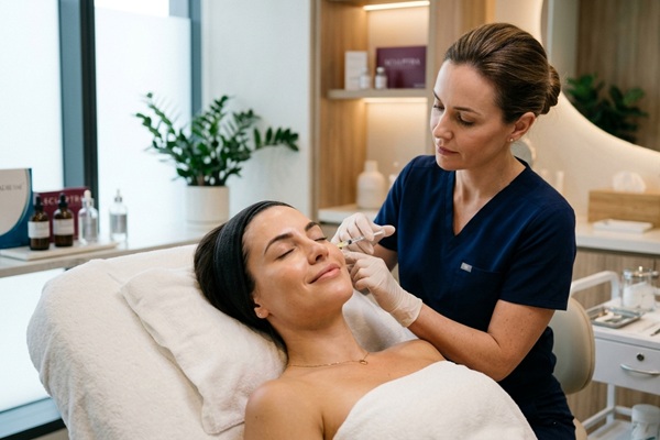 Procedimientos estéticos - Médico estético aplicando bioestimuladores de colágeno a una mujer para rejuvenecer la piel del rostro