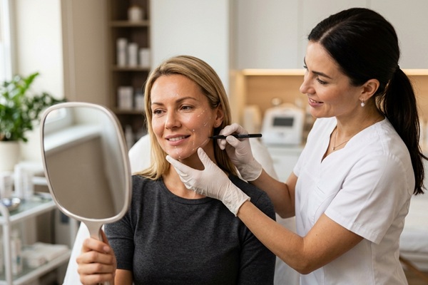 Procedimientos estéticos - Esteticista diseñando el procedimiento de armonización facial en el rostro de una mujer