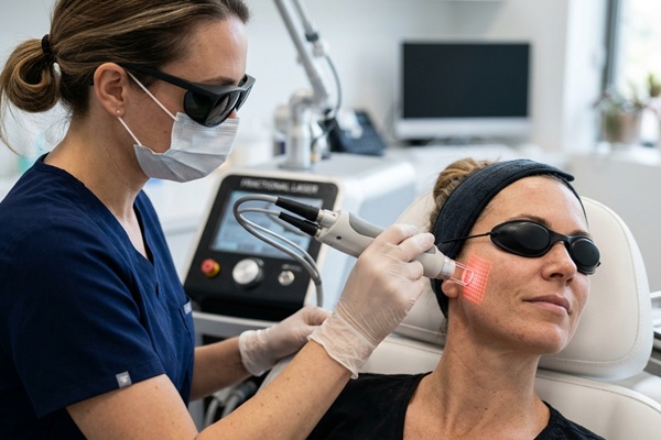 Especialista en medicina estética realizando un tratamiento con láser fraccionado para rejuvenecer la piel del rostro de una mujer