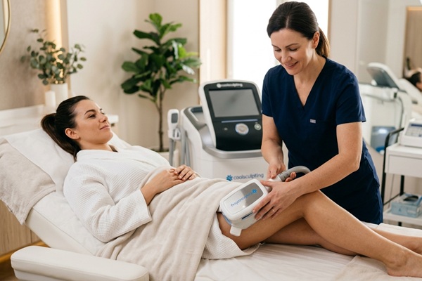 Esteticista realizando un tratamiento de criolipólisis para eliminar la grasa localizada en las piernas de una paciente femenina