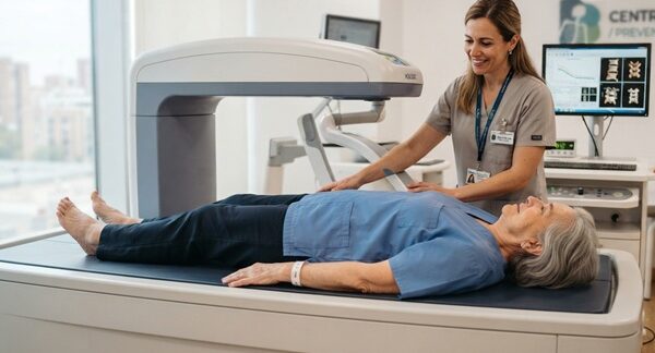 Centros de osteoporosis - Especialista realizando una densitometría ósea a una mujer para medir la descalcificación de huesos
