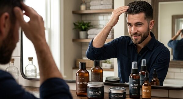 Productos cabello masculino - Hombre peinándose frente al espejo usando productos para hidratar el cabello
