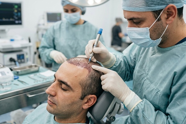 Técnicas de injerto de cabello - Médico tricólogo realizando un trasplante de cabello con el método DHI en CDMX