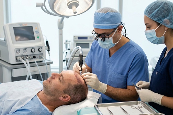 Técnicas de injerto de cabello - Médico tricólogo realizando un injerto de cabello CDMX con el método NeoGraft