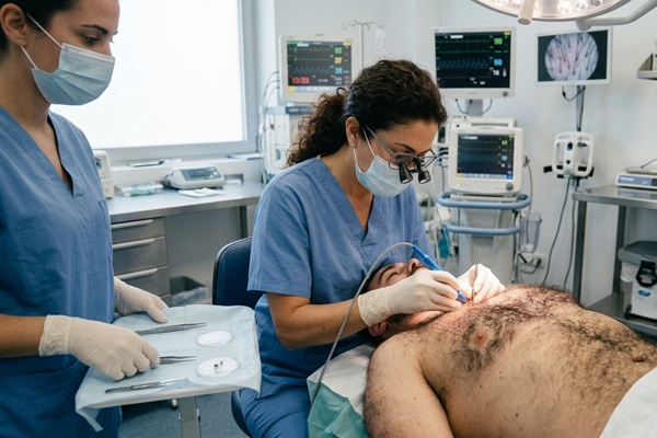 Especialista realizando un trasplante de cabello Body Hair Transplant (BHT) usando el pelo del pecho de un hombre con alopecia
