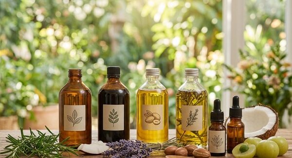 Aceites naturales - Recipientes con aceites naturales que ayudan a fortalecer el cabello y frenar la caída del pelo