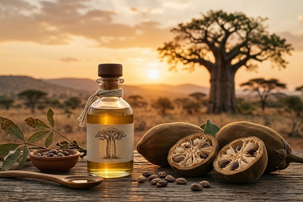 Recipiente con aceite de baobab que ayuda a fortalecer el cabello