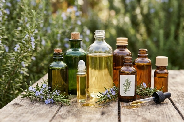 Aceites naturales - Recipientes con aceite de romero que ayuda a evitar la caída del pelo
