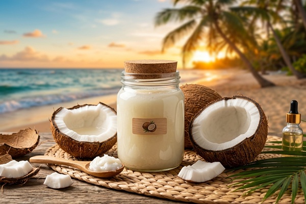 Aceites naturales - Recipiente con aceite de coco que ayuda a fortalecer el cabello y detener la calvicie