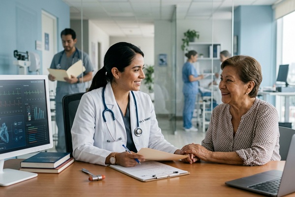 Carreras mejor pagadas - Doctora de medicina general con las mejores carreras para estudiar atendiendo a una mujer mayor