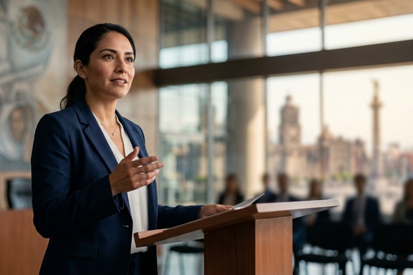 Carreras mejor pagadas - Mujer graduada en ciencias políticas y administración pública realizando una conferencia en CDMX