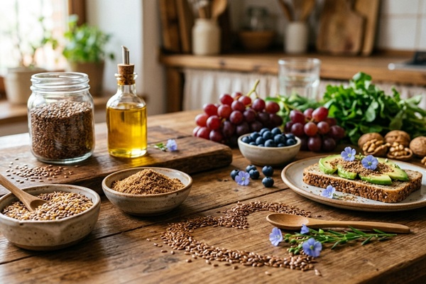Semilla de linaza - Recipiente con aceite de semilla de linaza rico en omega-3 que ayuda al sistema cardiovascular