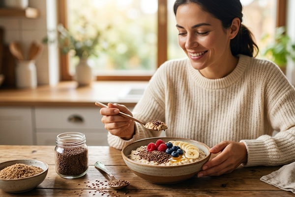 Semilla de linaza - Mujer desayunando frutas con linaza para lograr una saciedad prolongada