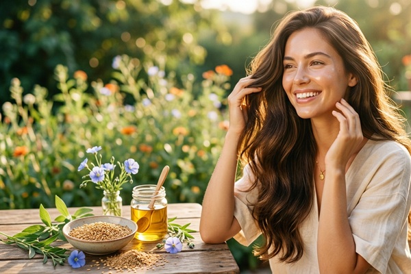 Semilla de linaza - Mujer con el cabello radiante y abundante gracias al uso de aceite de linaza